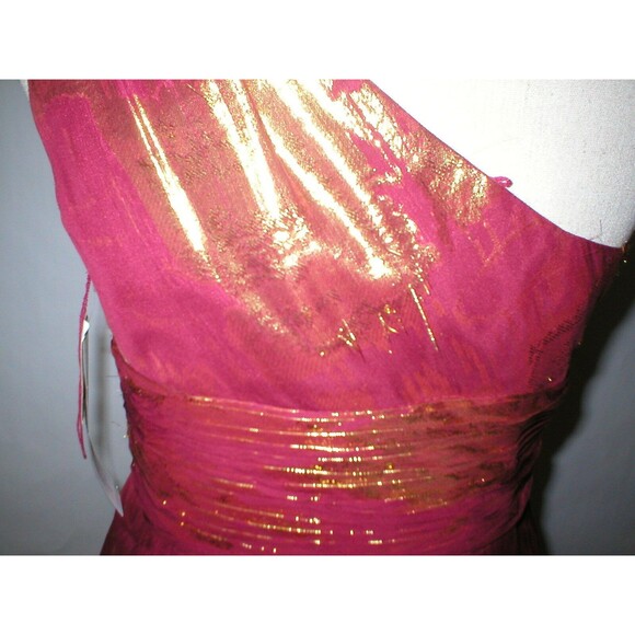 New NWT $310 Womens 6 Aidan Mattox Silk Metallic One Shoulder Dress Red Gold - Picture 11 of 12
